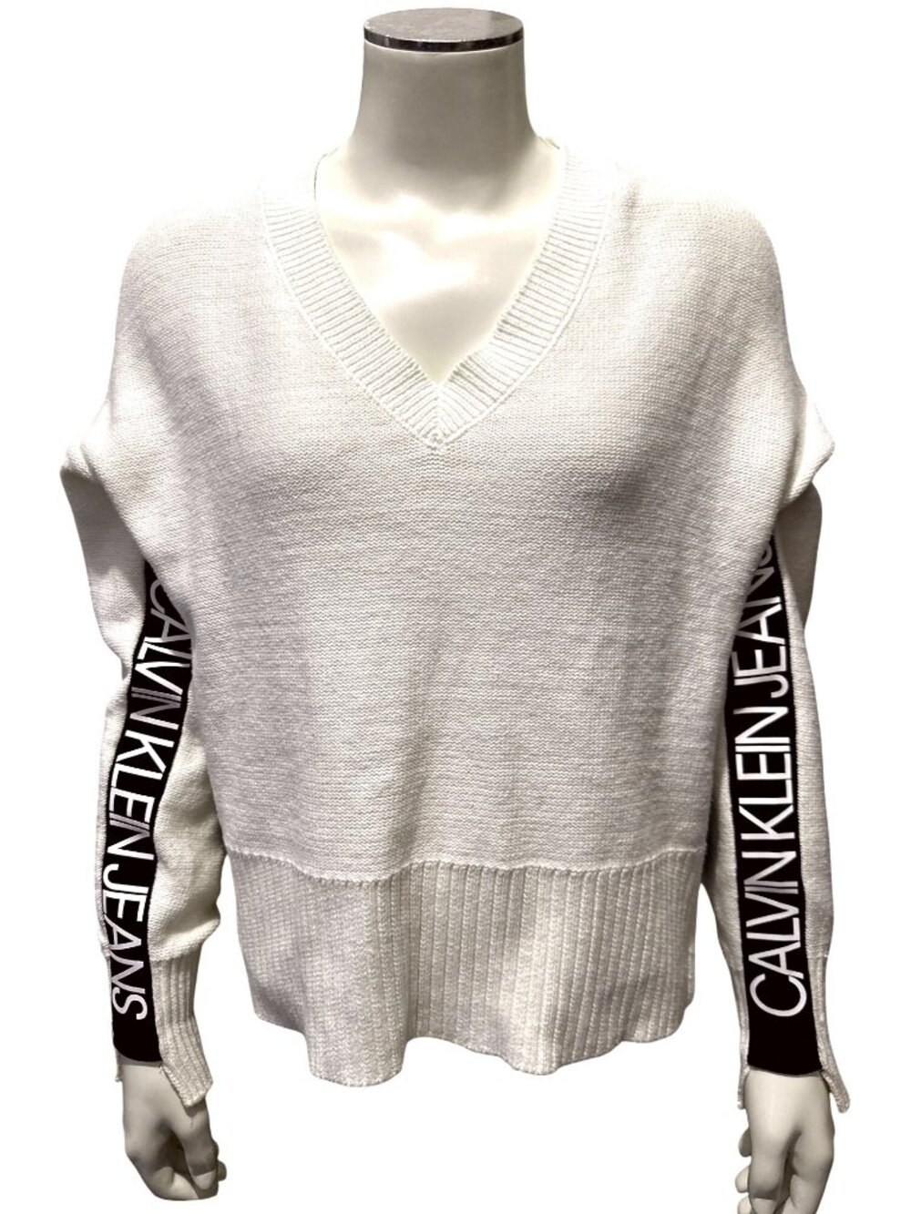 Calvin Klein Jeans Size XS White Logo Sleeve V Neck Sweater Streetwear Logo Core - Picture 2 of 10